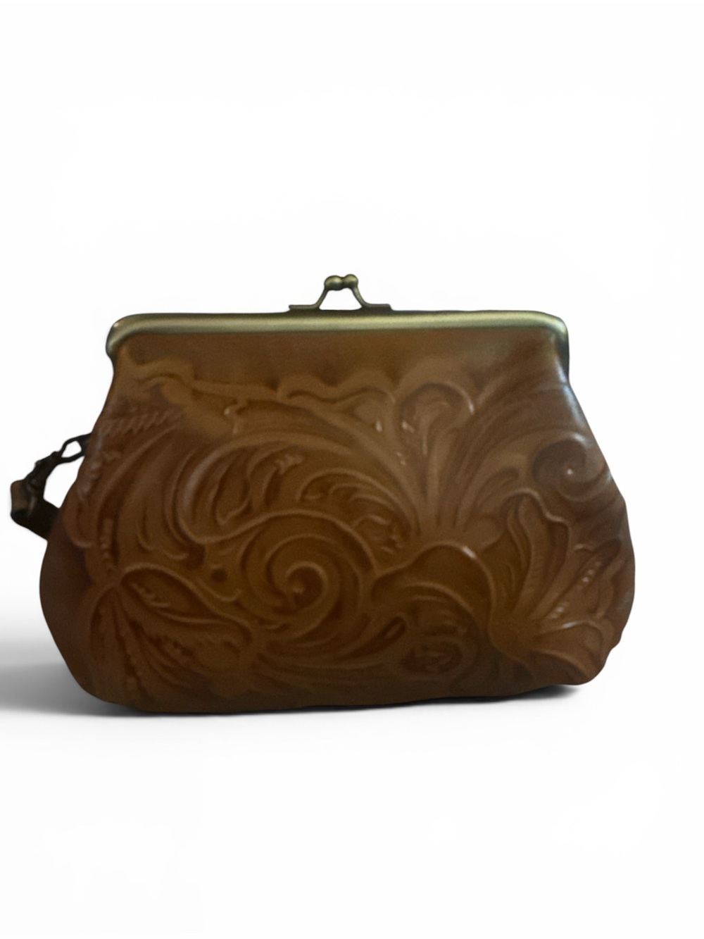 Patricia Nash Embossed Floral Leather Wristlet Clutch - Cognac Brown